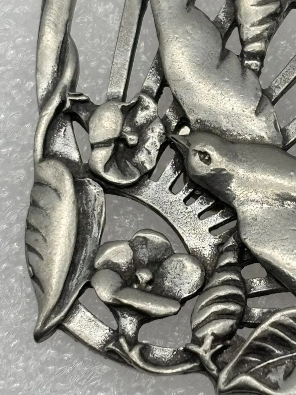 Vintage Bird in Flight Floral Fan Brooch Seagull Pewter Canada Late 1980s Signed